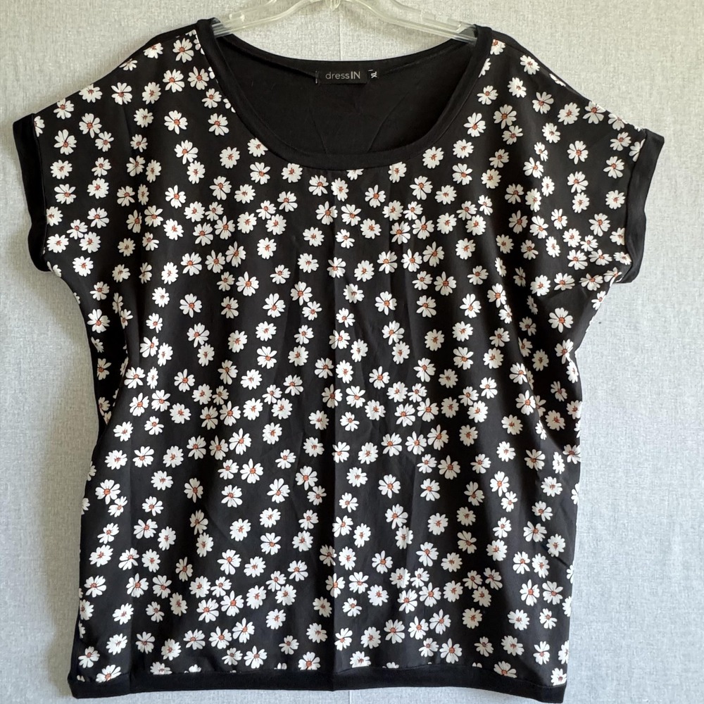 dressIN Shirt Womens XL Black White Daisy Floral Print‎ Short Sleeve Casual Top